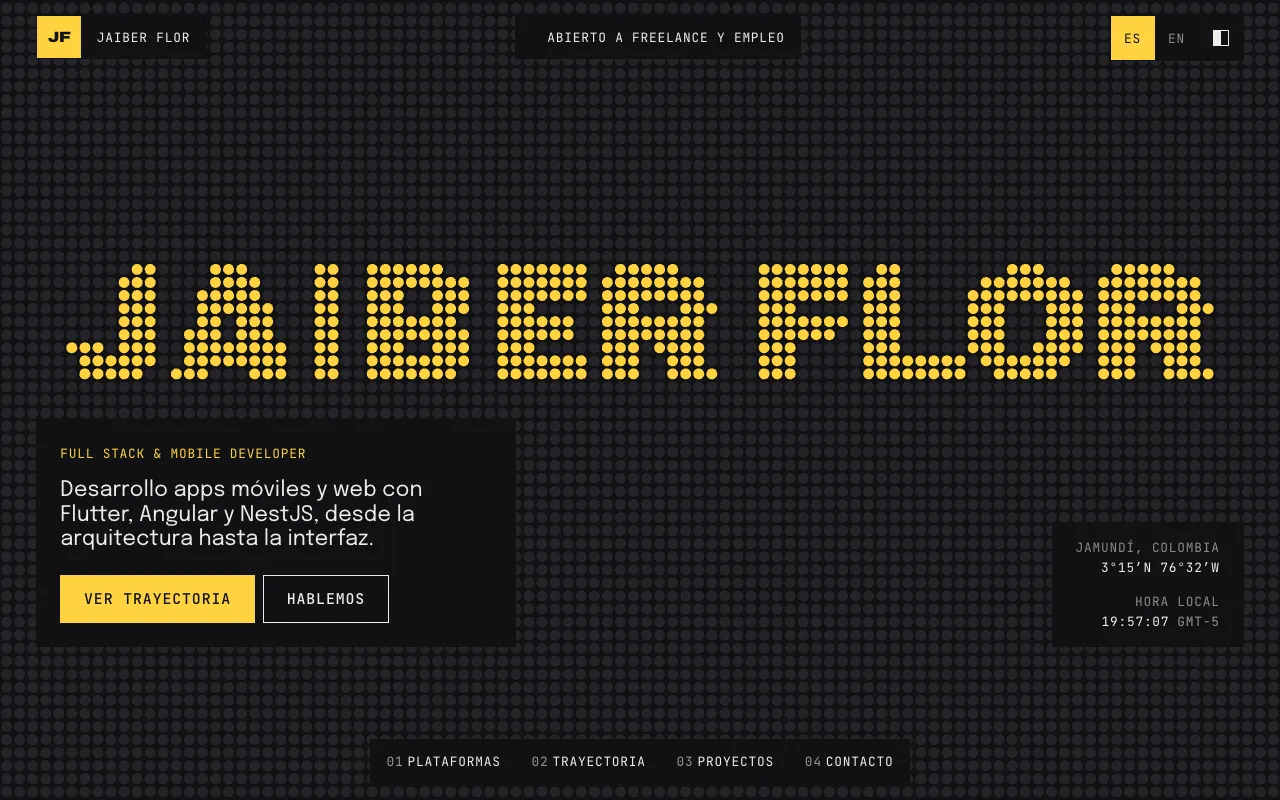 Portada del portafolio: tablero de discos amarillos sobre fondo negro que escribe Jaiber Flor.